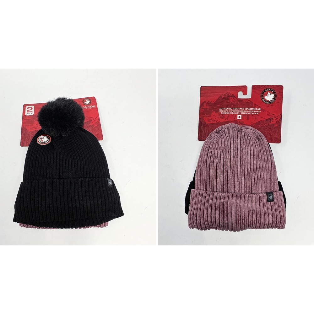 Canada Weather Gear Beanie Hat NEW 2 Pack Womens Thermal Pom Pom Black Pink